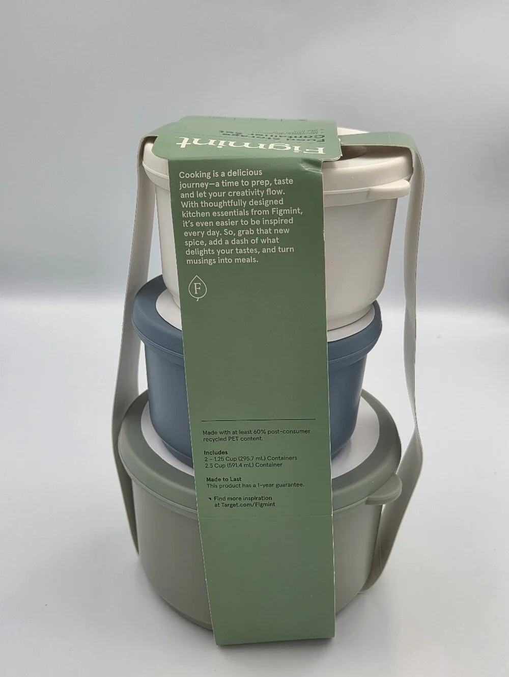 Figmint Set of 3 Round Food Storage Containers in Blue, Sage, and White Nwt